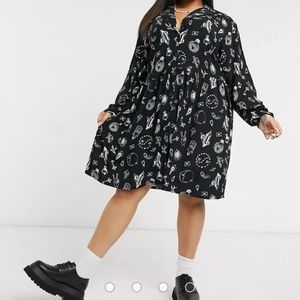 Noisy May Plus Size Witch Print Dress Cosmic Goth Witchy Long Sleeve Astrology